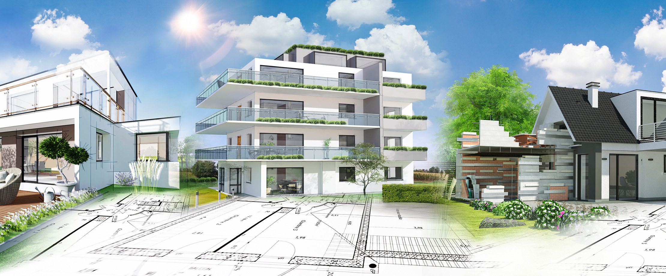 Die beste Finanzierung für Ihre Liegenschaft. Ein animiertes Wohnhaus, ein animiertes Einfamilienhaus und ein animiertes Haus stehen in einer Grünlandschaft auf einem gezeichneten Plan.